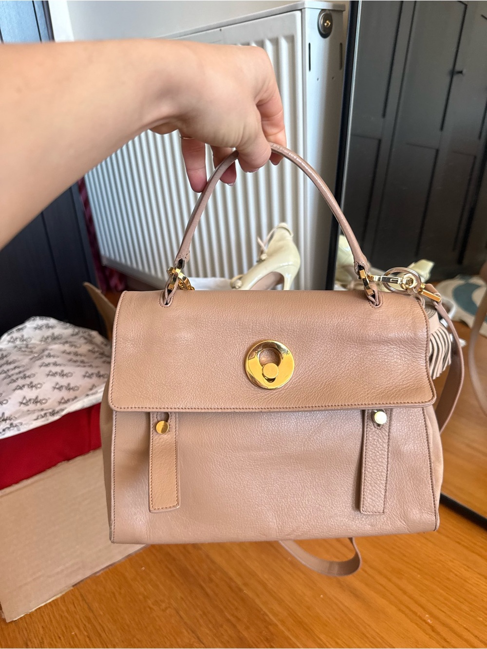 Saint Laurent Top-Handle Leather Satchel in Nude